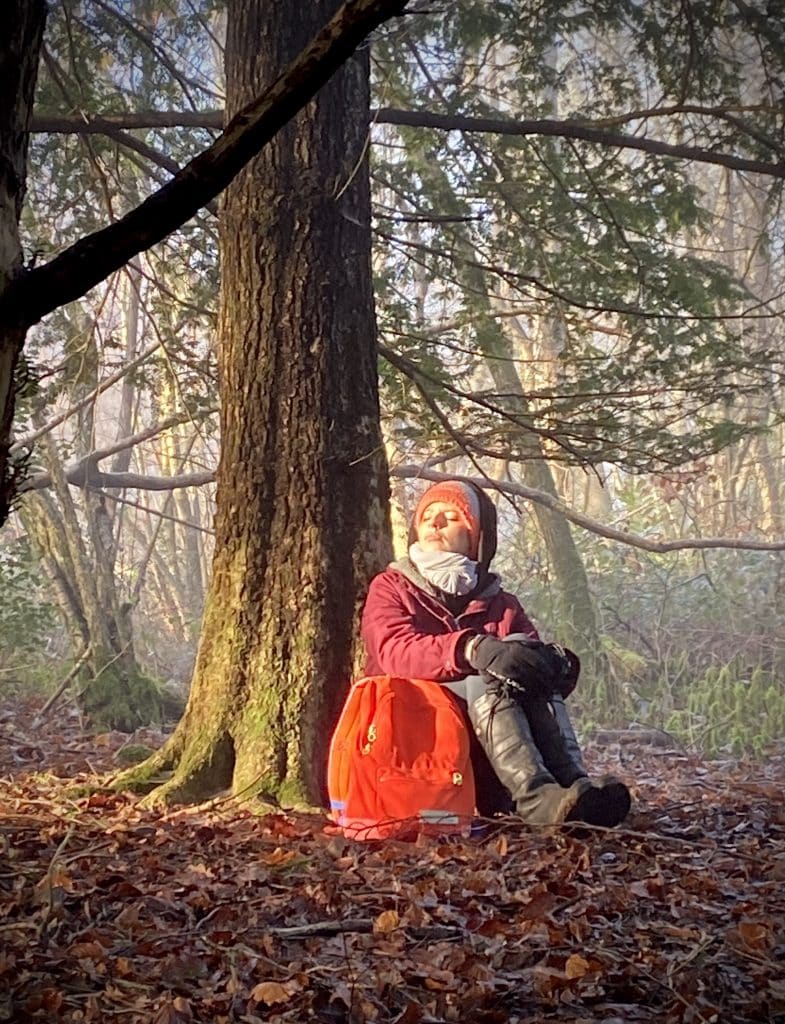 Woman forest bathing beneath a tree. The woman is wearing a hat and gloves and has a red rucsac beside her.