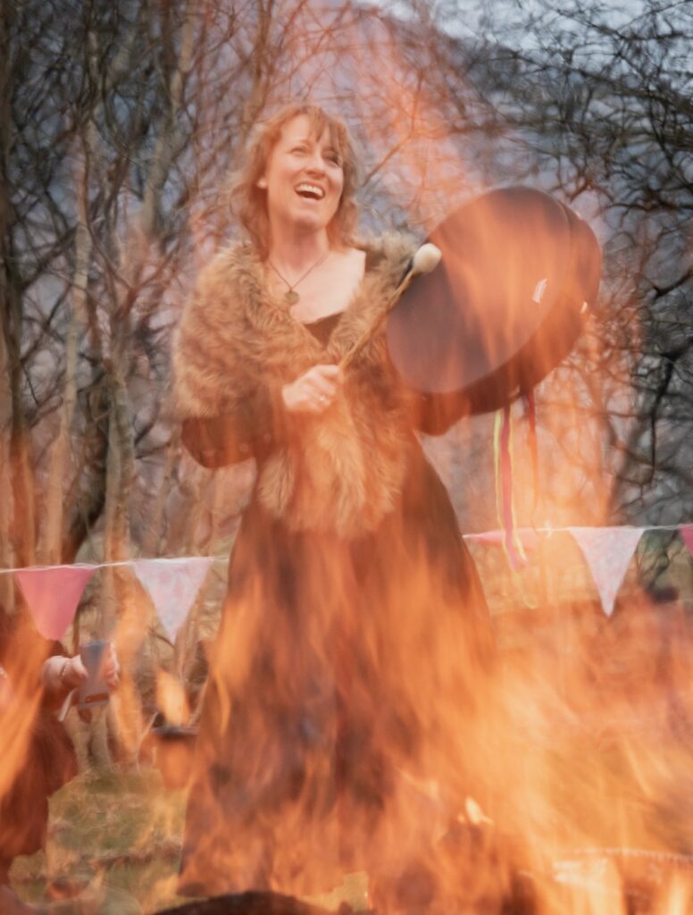 Celebrating Beltane by firewalking with drumming by Jen Grange of Lakeland Wellbeing